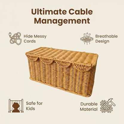Cable Management Box, Scalloped Faux Rattan Cord Organizer Basket with Lid, Decorative Cord Hider Box with 2 Cable Slots for Power Strip, Small Router, USB Hub, Desk, TV Stand & Home Office, Natural