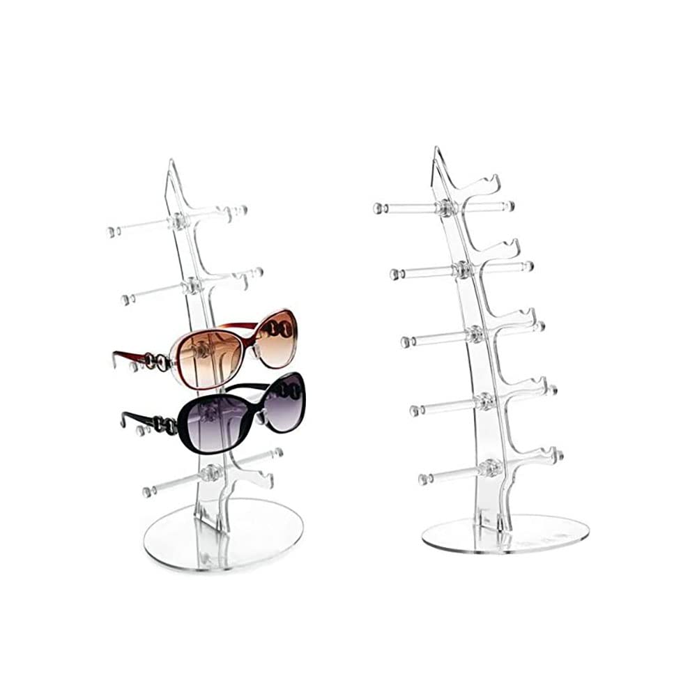 2 Pack Sunglasses Rack Eyeglasses Display Stand Holder Storage Organizer for 5 Glasses Acrylic Jewelry Eyewear Display for Selling Clear