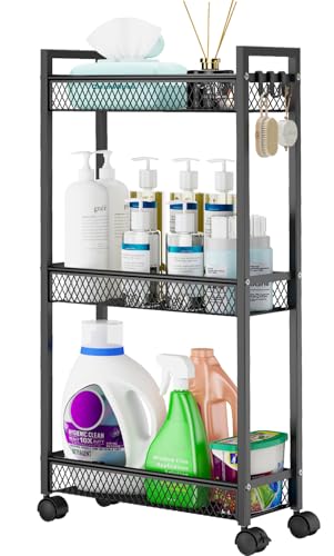 Slim Rolling Storage Cart, Metal 3 Tier Bathroom Storage Organizer Laundry Room Utility Cart for Kitchen, Bthroom, Makeup, Craft, Laundry Narrow Places, Black