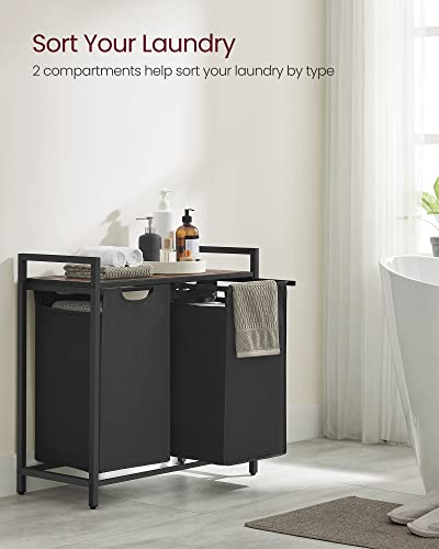VASAGLE Laundry Hamper, Laundry Basket, Laundry Sorter with 2 Pull-Out and Removable Bags, Shelf, Metal Frame, 2 x 12.1 Gallons (46 L), 28.8 x 13 x 28.4 Inches, Ink Black and Rustic Brown UBLH201B01