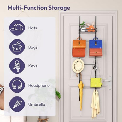 Over The Door Purse Organizer - Wall Mounted Purse Rack with 16 Hooks and Metal Basket, Handbag Hanger Organizer Holds up to 16 Bags, Bag Rack Can Use As 1/2 Part, for Door, Closet