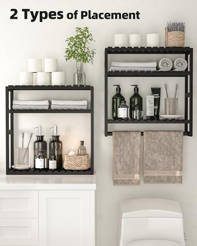 Galood Over The Toilet Storage Bathroom Shelves Wall Mounted 3 Tier Black | Space Saver Corner Shelf Organizer Bamboo Towel Rack Toilet Paper Cabinet with Hanging Rod