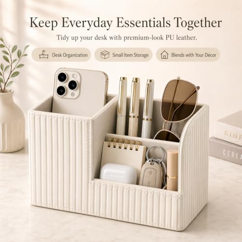 Desk Pen Organizer Office Supplies Caddy Pu Leather Multi-function Storage Box Pen/Pencil,Cell phone, Business Name Cards Remote Control Holder (Ivory White)