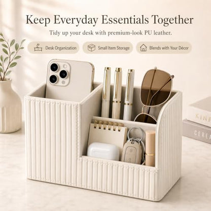Desk Pen Organizer Office Supplies Caddy Pu Leather Multi-function Storage Box Pen/Pencil,Cell phone, Business Name Cards Remote Control Holder (Ivory White)