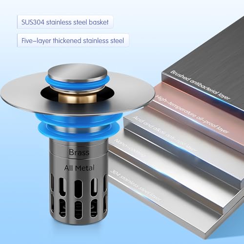 (All Metal) Bathroom Sink Stopper, Pop Up Drain Strainer for Bathroom Sink, Sink Plug Hair Catcher, Silent Popper Core w/Removable Filter Basket,Fit 1.05~2.0''Basin (Brushed Nickel, 1 Pack)