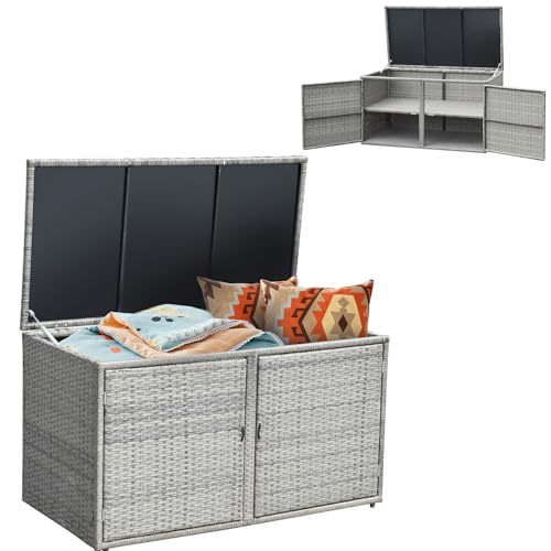 Rattan Deck Box Outdoor&Indoor 88 Gallon Wicker St... (Gray | rattan, steel)
