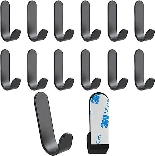 Adhesive Hooks,12 Pcs, Heavy Duty Hold 12Lbs, Stainless Steell Wall Hanger | Black Adhesive Hanger for Hanging, Metal Sticky J Strip Hooks, for Hat, Coat, Picture, Backpack, Garage