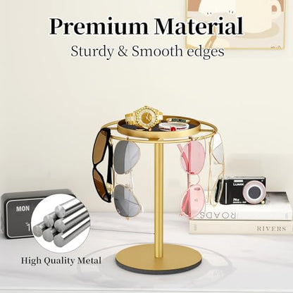 Metal Sunglasses Organizer, Glasses Holder Stand with Storgae Tray, Eyeglasses Holder with Anti-Slip Pads for Tabletop, Desk, Dresser, Gold