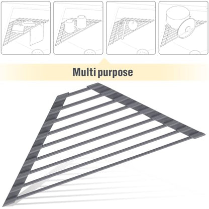Tomorotec Roll Up Dish Drying Rack with Silicone Coating, Deep Gray | 304 Stainless Steel with BPA-Free Silicone, Triangle Design Maximizes Sink Corner Space, Fits Compact Kitchens And RVs