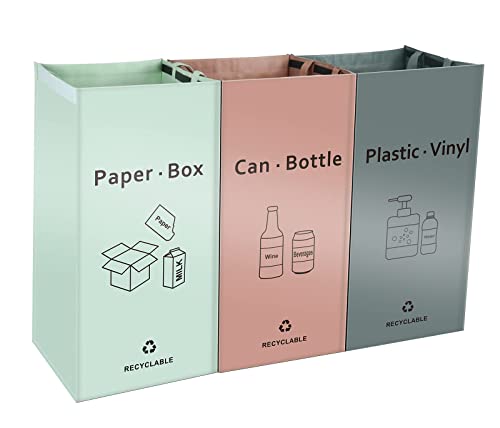 JIALAI HOME Separate Recycling Bin for Kitchen Home - Indoor Recycle Bins (Pink, Green, Gray) Waste Trash Sorting Bins, Reusable Waterproof Affordable Recycle Bags, Pack of 3 Bags