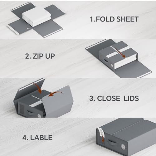 TRZZ 4-Pack Foldable Bed Sheet Storage Bins, Window with Labels, Grey | Linen & Bedding Holder, for Queen/King Duvet Covers, Neatly Organized & Accessible
