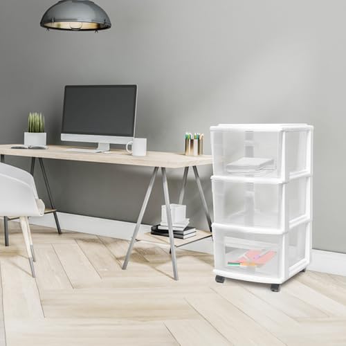HOMZ 3-Drawer Storage Cart, Plastic Home, Dorm, & Office Organizer, White Frame | Plastic Organizer with Clear Bin Drawers for Bedroom, Bathroom, Home Office, and Dorm Rooms