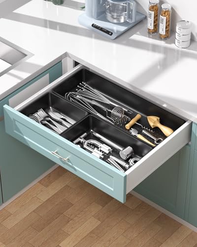 10 Pack Large Size Plastic Drawer Organizers Set, 3 Sizes Desk Drawer Organizer Trays, Storage Bins for Vanity, Makeup, Bathroom, Kitchen Utensils and Office (Black)