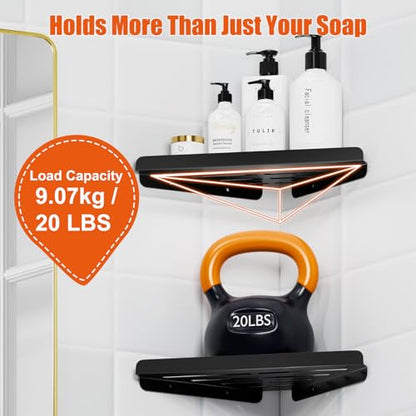Shower Caddy Storage, Triangle Corner Shelf with Adhesive Glue | Metal Bathroom Shelf Storage, Adhesive or Screw Wall Mounted Corner Shower Rack, Black Rustproof Bath Organizer Accessory