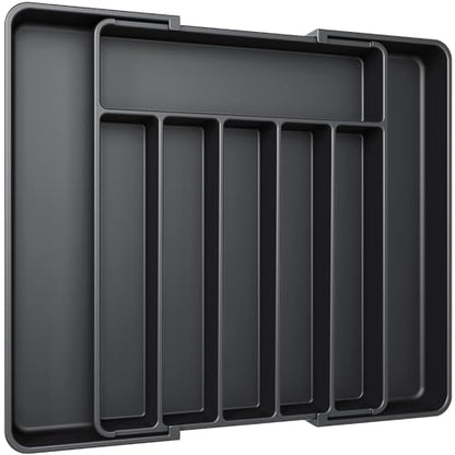 Aujen Silverware Drawer Organizer, Adjustable Utensil Cutlery Tray | Expandable Kitchen Organizer for Forks, Knives, Multipurpose Kitchen Storage , Apartment Essentials, Black, Large
