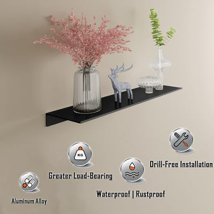 Adhesive Shelves for Wall, Metal Floating Shelf 2 Pack, 15.7x4.9IN | Rustproof Aluminium Shower Caddy, No Drilling, Matte Black Finish, For Living Room, Bedroom, Bathroom, Display Ledge
