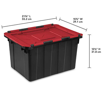 Sterilite 12 Gal Hinged Lid Industrial Tote, Stackable Storage Bin with Hinge Lid, Plastic Container to Organize Basement, Black with Red Lid, 6-Pack | Heavy-Duty and Stackable Utility Box Containers for Home, Office, and Basement Organization, Black/Red