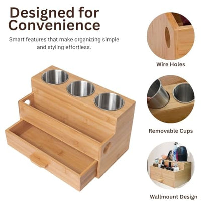 Hair Tool Organizer, Wooden | Bathroom Countertop, Heat-Safe Stainless Steel Cups, Professional Bamboo Styling Station