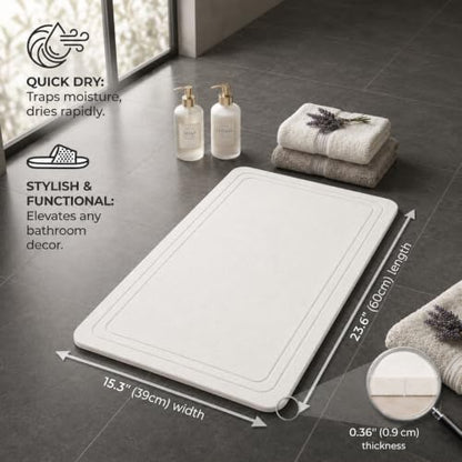 Stone Bath Mat – Diatomaceous Earth Quick Drying Non-Slip Bathroom Mat – Absorbent Diatomite Shower Mat, Durable & Easy to Clean, Modern, 23.6" x 15.3", (White - Linea)