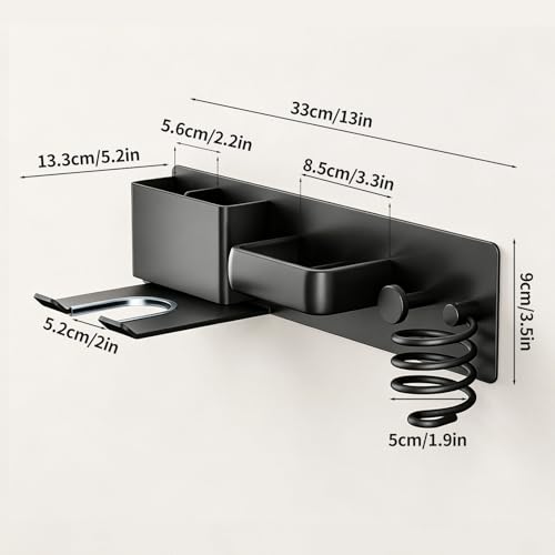 No-Drill Hair Dryer Holder Wall Mount with Storage Compartment for Bathroom | 4-in-1 Hair Tool Organizer, Blow Dryer Holder, Curler & Styler, Aluminum, Cable Mgmt, Space-Saving. Ideal for Bedroom, Salon