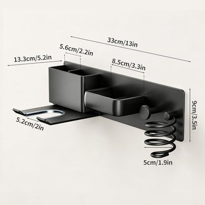 No-Drill Hair Dryer Holder Wall Mount with Storage Compartment for Bathroom | 4-in-1 Hair Tool Organizer, Blow Dryer Holder, Curler & Styler, Aluminum, Cable Mgmt, Space-Saving. Ideal for Bedroom, Salon
