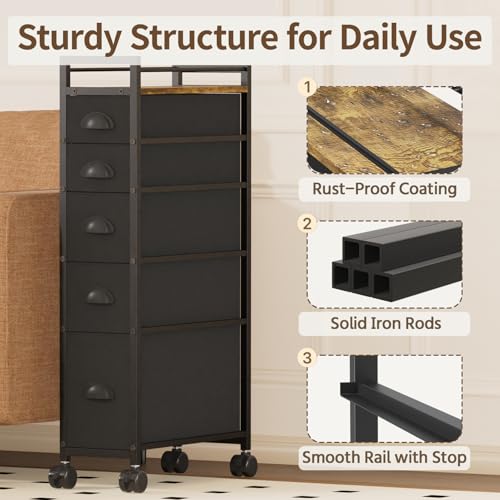 LASZOLA Narrow Cabinet Slim Storage Cart for Bathroom Small Space, Black | 5 Tiers Skinny Rolling Organizer Shelf with Sturdy Fabric Drawers, Lightweight Mobile on Wheels, Between Washer and Dryer