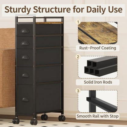 LASZOLA Narrow Cabinet Slim Storage Cart for Bathroom Small Space, Black | 5 Tiers Skinny Rolling Organizer Shelf with Sturdy Fabric Drawers, Lightweight Mobile on Wheels, Between Washer and Dryer