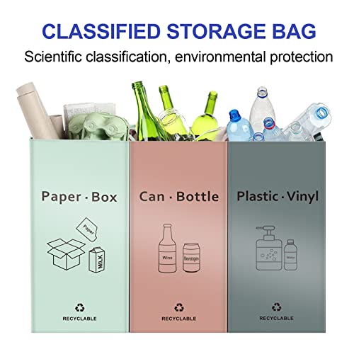 JIALAI HOME Separate Recycling Bin for Kitchen Home - Indoor Recycle Bins (Pink, Green, Gray) Waste Trash Sorting Bins, Reusable Waterproof Affordable Recycle Bags, Pack of 3 Bags