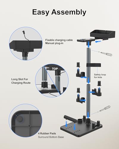 Cordless Adjustable Vacuum Cleaner Stand for Max. 1-4/5" Vac Wand, Universal Stick Vacuum Docking Station, Height Adjustment, 7 Accessory Holders, Storage Box, Black
