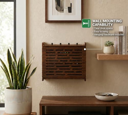 Jacob & Lane Decorative WiFi Box Hider - Bamboo Router and Modem Storage - Wall Mountable Wooden Shelf to Hide Router Modem Box with Cable Management (Up to 11" Tall) (Espresso)