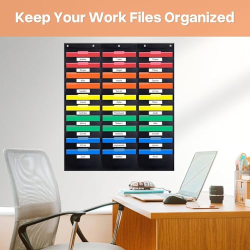 Opret 30 Pockets Storage Pocket Chart with 30 Nametag Pockets, Hanging Wall File Organizer for File Folders with 5 Hangers for Classroom, Office, School Mailbox Organizer and Home (Black)