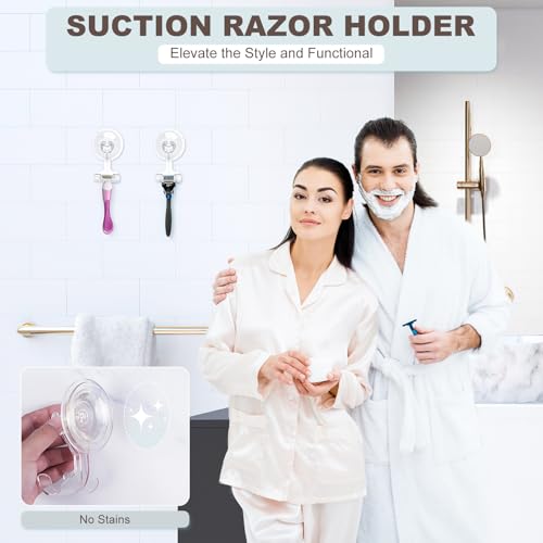 VIS'V Shower Suction Cup Razor Holder for His and Hers, Clear, 4 Pcs | Removable and Reusable, Clear Invisible Design, Locking Suction Technology, Dual Vacuum Suction, Fit for Smooth Flat Surfaces