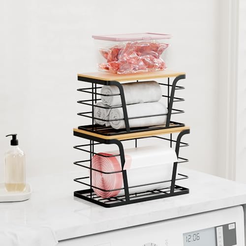 2 Pack Stackable Storage Laundry Kitchen Organizers, Wall Mount Trash Bag Holder with Bamboo Top and Garbage Bag Dispenser No Drill