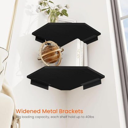Corner Shelf Wall Mount, Set of 2 Corner Floating Shelves with Wire Hole for TV, Cable Box, Wood Hanging Storage Shelf Organizer for Bathroom Kitchen Living Room Bedroom, Black