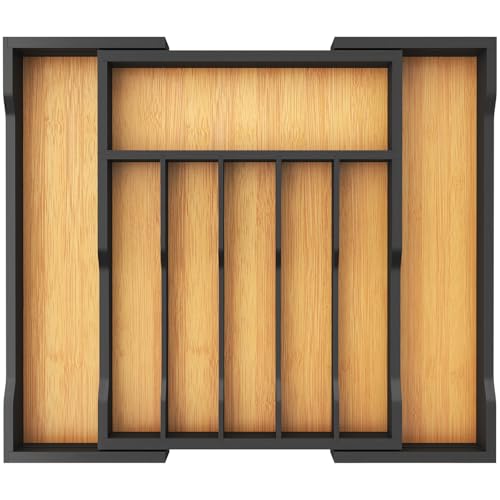 Silverware Drawer Organizer, Expandable Utensil Tr... (Natural & Black | Bamboo)