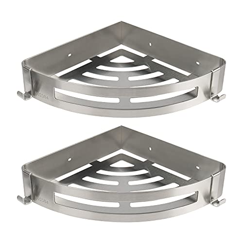 NearMoon Bathroom Shower Caddy 2 Pack, 304 Stainless Steel Shower Organizer with 2 Hooks, No Drill (Corner Shelf, Brushed Nickel)