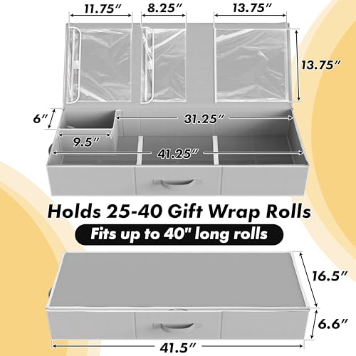 Simple Houseware 41.5" Wrapping Paper Organizer, Fits 40 Rolls, Gray | Adjustable Straps, Interior Divider for Ribbons & Bows, 3 Clear Pockets for Gift Bags & Tools, 41.5"L x 16"W