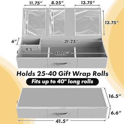 Simple Houseware 41.5" Wrapping Paper Organizer, Fits 40 Rolls, Gray | Adjustable Straps, Interior Divider for Ribbons & Bows, 3 Clear Pockets for Gift Bags & Tools, 41.5"L x 16"W
