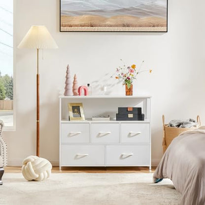 DUMOS TV Stand Dresser, Media Console, Storage Drawers | 5 Fabric Open Shelf, Compact Entertainment Unit for Bedroom, Living Space, Dorm Organization, White