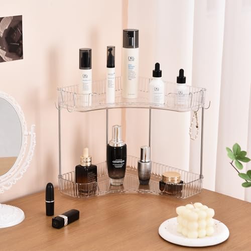 2-Tier Corner Bathroom Organizer Countertop with Hooks, for Makeup/Skincare | Bathroom Sink Corner Vanity Storage for Makeup, Skincare and Perfume (White Silver)