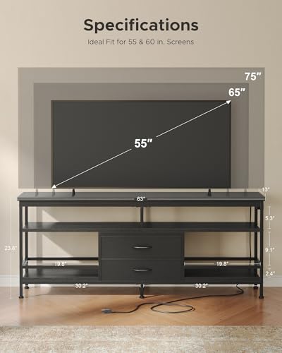 63 Inch TV Stand, Entertainment Center for 55 to 75 Inch TVs with LED Lights & Removable Charging Station, Modern Media Console Table with Open Storage Shelves & Fabric Drawers, Black