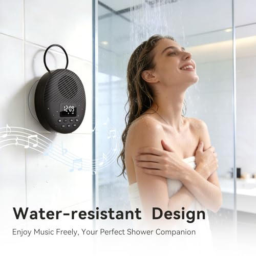 AGPTEK Bluetooth 5.4 Shower Radio Speaker, Waterproof Bathroom FM Radio | 12H Long Playback Time, Suction Cup & Lanyard, LCD Screen Display, Handsfree Calling, Storage Card Playback (Black)