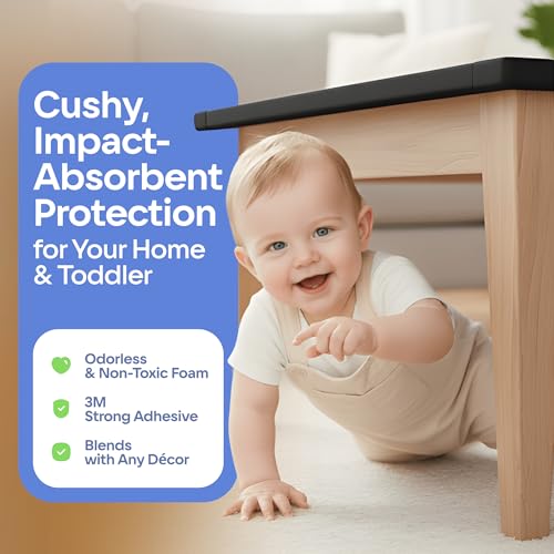 Baby Proof Corners & 15ft Edges with Furniture Corner & Edge Safety Bumpers, Impact-Absorbent Bumper & 4 Foam Corner Protectors, Cushy, Thick, Odorless Table Edge Protectors for Baby, Child | Black