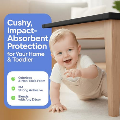 Baby Proof Corners & 15ft Edges with Furniture Corner & Edge Safety Bumpers, Impact-Absorbent Bumper & 4 Foam Corner Protectors, Cushy, Thick, Odorless Table Edge Protectors for Baby, Child | Black