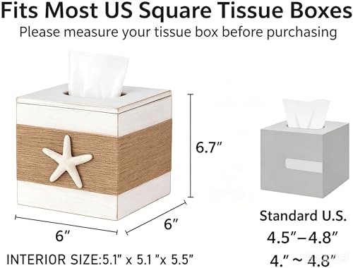 SOMTO Beach Rustic White Wood Square Tissue Box Cover,Farmhouse Bathroom Accessories Starfish Decor Tissue Holder with Slide-Out Bottom Panel…