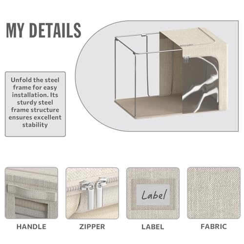 4 Pack Clothes Storage Bins with Metal Frame - 22L Stackable Storage Box with Lid，Foldable Storage Container Organizer for Clothes，Linen Fabric Storage Box with Clear Window＆Zippers＆Handles