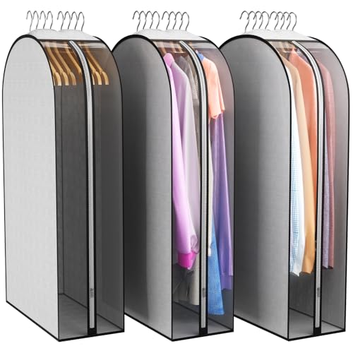 Liuoud 10" Gusseted Garment Bags for Hanging Clothes 40" Suit Bags for Open Closet Storage, Side Clear Clothing Cover for Coat, Dress, Jacket, Shirt, Fur Wardrobe Protector, 3 Packs, Grey