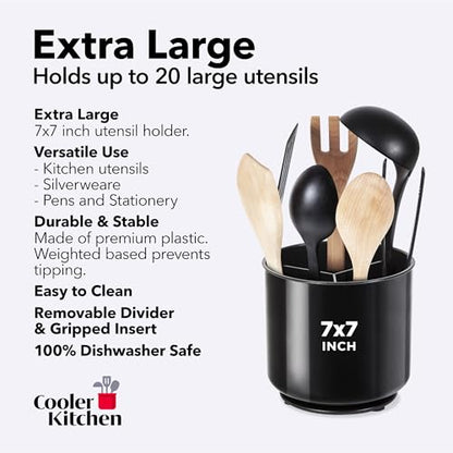 Cooler Kitchen Jumbo Extra Large Sturdy Rotating Black Utensil Holder Caddy with No-Tip Weighted Base, and Gripped Insert - Rust Proof and Dishwasher Safe Kitchen Utensils Holder