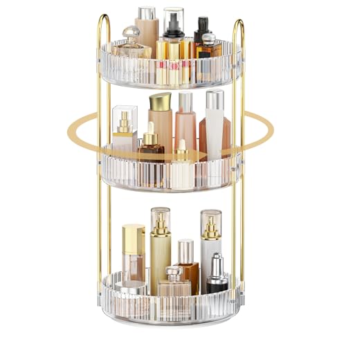 MOKANI 360 Rotating Makeup Organizer for Vanity, 3 Tier Perfume Organizer | Adjustable Multi-Function Spinning Cosmetics Skincare Storage for Bedroom, Dresser, Countertop, Clear