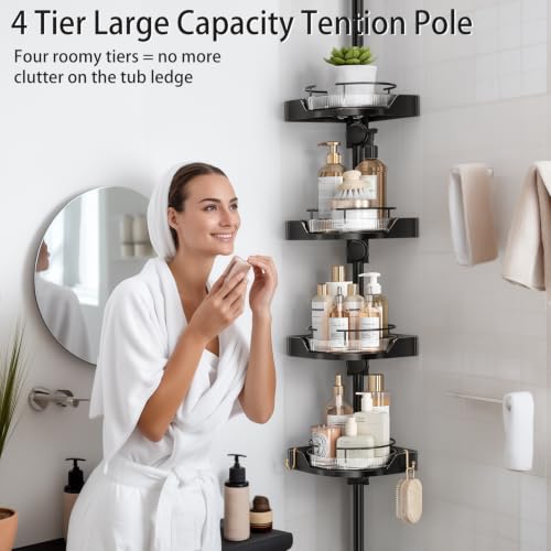 360° Rotating Corner Shower Caddy Tension Pole Organizer (Black) | 4-Tier rotating shelves with hooks, adjustable tray height, upgraded rustproof metal pole, removable trays for shower storage